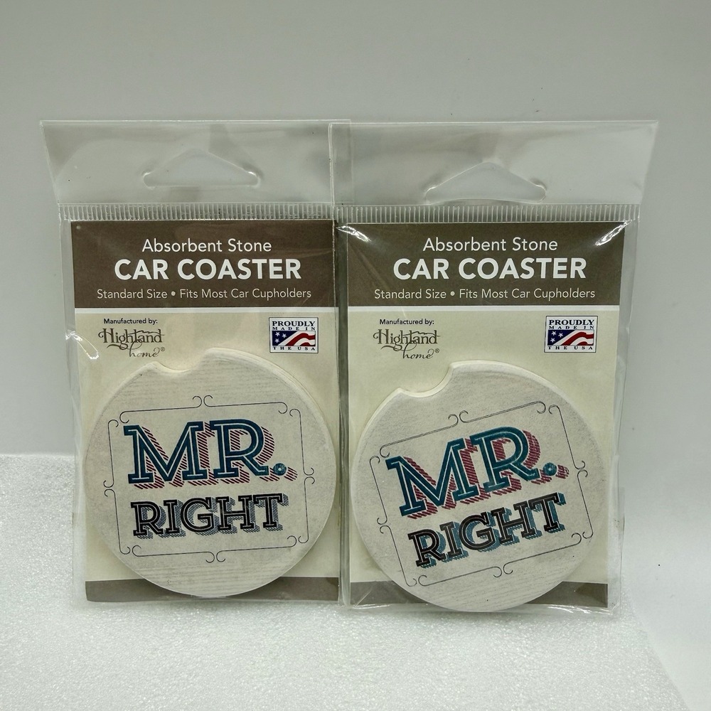 Highland Home Absorbent Stone Car Coasters Mr. Right Lot of 2‎ Made In USA